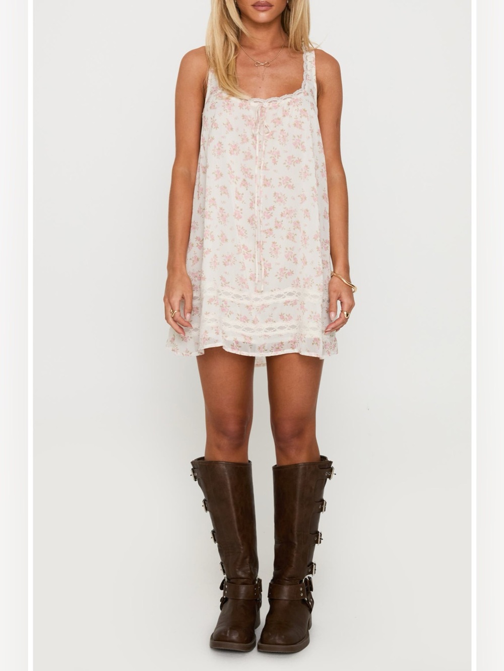 Princess Polly Alanah Floral Print Lined Minidress Cream Pink Lace Detail Sz 2